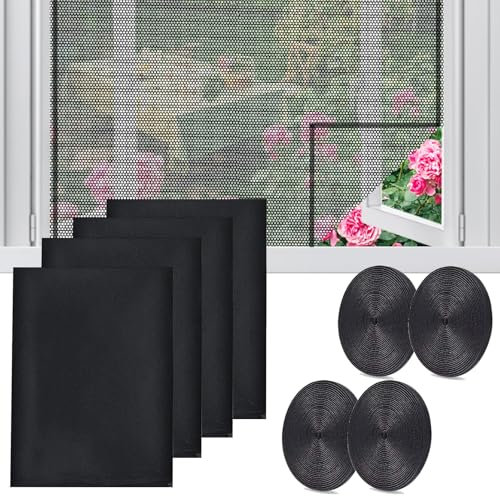 4pcs Fliegengitter Fenster 130cm x 150cm Selbstklebendes Moskitonetz Fenster Moskitonetze Für Fenster Mit 4 Rollen Selbstklebeband Moskitonetz Fenster Zuschneidbar Fliegengitter Für Fenster (Schwarz)