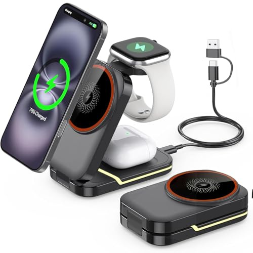 Wireless Charger, Foldable 3 in 1 Wireless Charger Stand for Apple Watch 9/8/7/6/SE/5/4/3/2, For Airpods Pro/3/2,Fast Wireless Charging Station for iPhone 16/15/14/13/12/11/XS/XR/X/8 (Black)