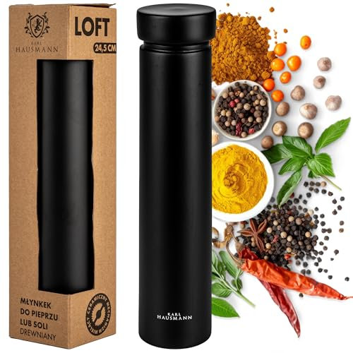 Molinillo de Pimienta de Madera Grande 24,5 cm - Molinillo Manual con Mecanismo Cerámico y Ajuste Preciso de Molienda, Diseño Negro Estilo Loft, para Sal y Pimienta, uso Cocina y Mesa