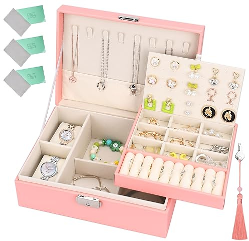 KIMIGO Scatola per gioielli a 2 strati, scatola per gioielli da donna con chiusura a scatto e vassoio rimovibile, 3 panni di pulizia argento per anelli, collane, bracciali