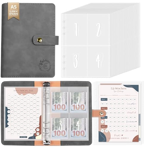 Budget Planner Deutsch, Sparbuch für Geld 5.050 Euro Challenge, 100 Envelope Saving Challenge, Sparchallenge Budgetplaner, Geld Sparen Mappe Mit 3 Speicherkarten, Budget Binder A5, Geld Organizer