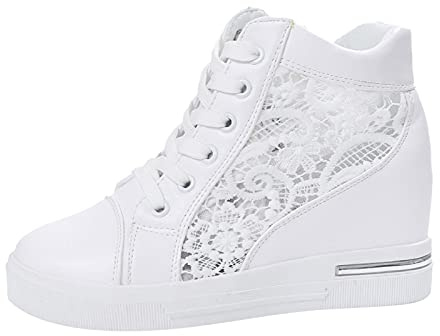 New UK White Wedge Sneakers for Bride Women Hidden Heel Ankle High Top Platform Walking Shoes Lace Tennis Sneakers Fashion Bride Wedding Shoes