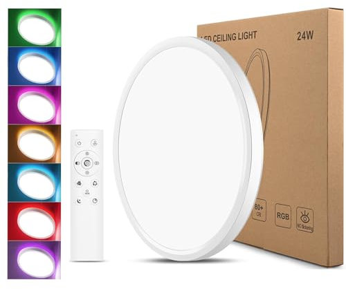 Oumida Plafoniera LED Soffitto Dimmerabile,RGB Rotonda Lampada LED Soffitto con Telecomando,24W Lampadario per Camera da Letto 3200LM,Moderno Plafoniera lP54 Impermeabile for Soggiorno Camera (30CM)
