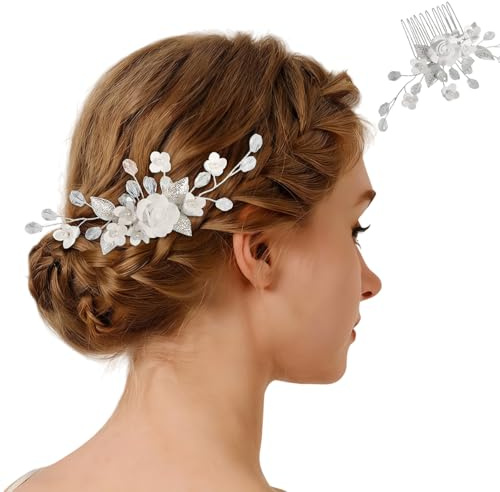 Nevoluxer Blume Silberne Haarschmuck mit Perlen für Hochzeit und Kommunion, Eleganter Brautschmuck Haare für Frauen und Mädchen, Haarspange als festlicher Kopfschmuck (white)