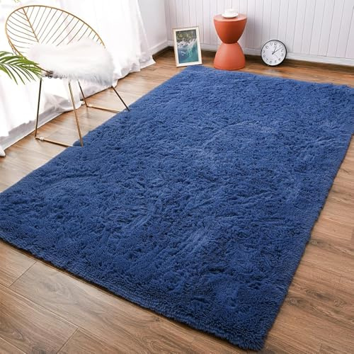 CHENMIAO Teppich Wohnzimmer 70 x 130 cm Anti Rutsch Extra Große Flauschig Bettvorleger Plüschteppich Anti-Rutsch-Rückseite für Schlafzimmer Schlafzimmer, Dunkelblau