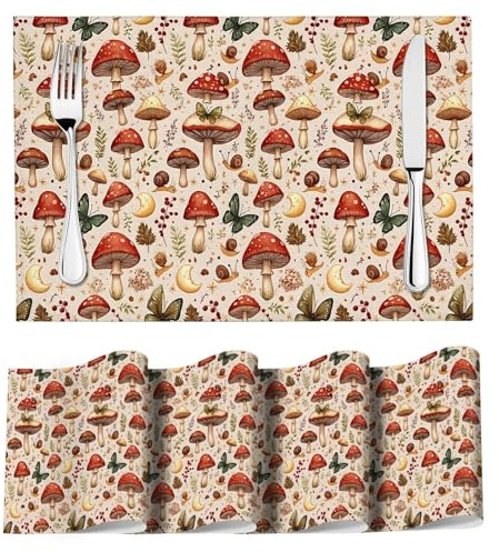 Vintage Mushroom Placemats Set of 4, Mushroom Moth Flowers Table Mats 12x18 Inch, Linen Beige Place Mat Washable Heat Resistant Waterproof Place Mats for Spring Outdoor Farmhouse Kitchen Home Decor