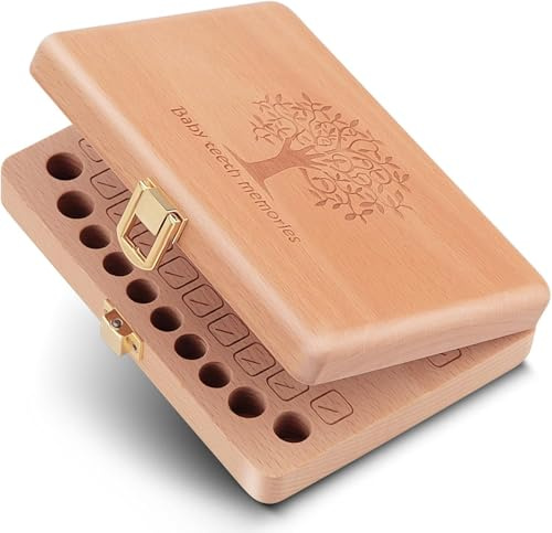 Euscmaic Milchzahndose Milchzahnbox Holz für Jungen & Mädchen Personalisier Zahnbox Aufbewahrung der Ersten Zähne Liebevolle Erinnerungsbox mit Fotorahmen eschenk zur Geburt, Taufe, Einschulung