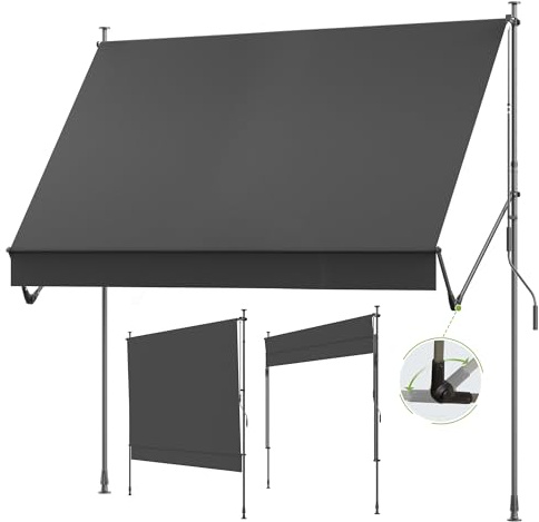 BelleMax Klemmmarkise ohne Bohren mit Handkurbel, 2026 Upgrade 2-in-1-Balkonmarkise mit Faltbarem Seitenarm, UV-Schutz & Sonnenschutz, Wasserdicht Höhenverstellbar Anthrazit 200 cm x (125 + 25 cm)