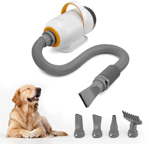 Soffiatore per Cani 3200W con Aspirazione, 4 Ugelli, Temperatura Regolabile | Asciugatore per cani con 7 velocità, 7 temperature 35–60°C, display digitale, tubo 76–230 cm e funzione aspirazione