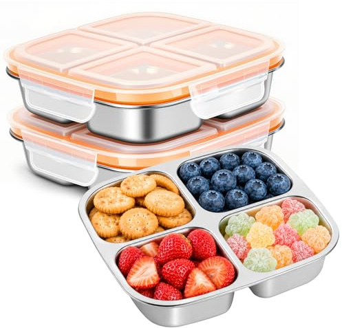 2 Pack Stainless Steel Snack Containers with Lids, Snack Boxes with 4 Compartments Lunchable Containers, Small Bento Lunch Box Divided Food Storage for Portion Control Meal Prep Reusable Snackle
