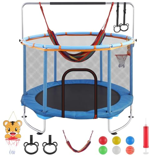 Trampolin Kinder 150cm, höhenverstellbares Trampolin Indoor Outdoor mit Sicherheitsnetz & Turnstange, 200 kg belastbares Kleinkind Trampolin mit Basketballkorb, Schaukel & Ringen, Geschenk für Mädchen