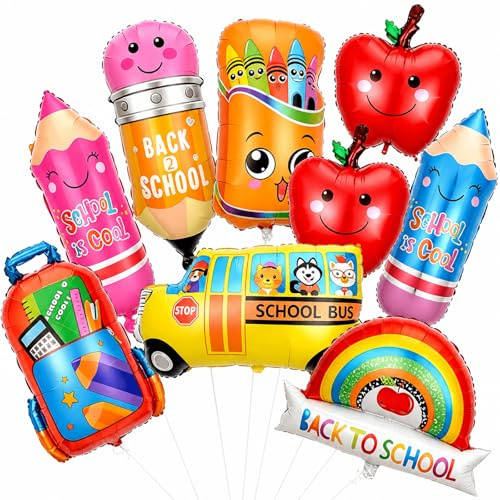 Catelves Einschulung Deko 9 Stück Folienballon Set, Back to School Ballons für Schulanfang, Schulstart, Schuleinführung, 1. Schultag, Helium Luftballons mit Schulbus, Apfel, Bleistift, Rucksack