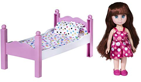 Playkidiz Mini Puppen-Schlafzimmer-Playset: Pretend Play Brunet Mini-Puppe mit super dauerhaftem Bett, Spiegel und Stuhl für Kinderpuppenhaus oder einfach Spaß spielen.