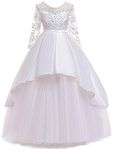 MYRISAM Filles Appliques Dentelle Robe de Première Communion Manches Longues Princesse de Demoiselle d'honneur Robe de Mariée Soirée d'anniversaire Baptême Carnaval Noël Fête Bal 4-5