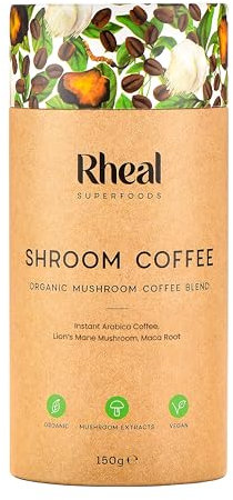 Rheal Shroom Coffee, 150g (60 Servings), Organic Mushroom Coffee with Lion’s Mane, Low Caffeine Instant Arabica Coffee Powder, Nootropic Superfood for Calm Focus & Energy, Plant Based