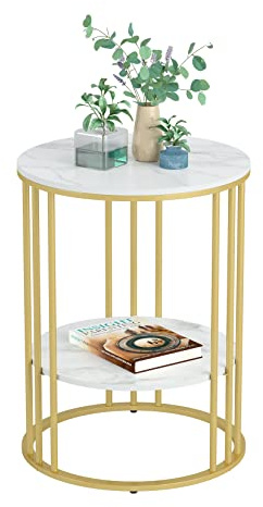 Marble Top Side Table Gold: Small Circle End Tables 40 x 54cm Sintered Stone Bedside with Metal Golden Legs Modern White Nightstand 2 Tier Round Sofa Coffee Table for Bedroom Living Room Furniture