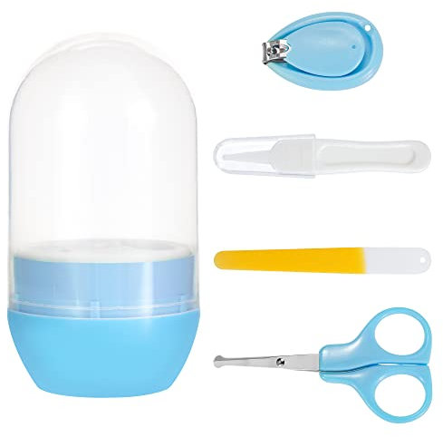 Set Tagliaunghie Bambino Set Manicure Kit per La Cura con Cassaforte Taglia Lima Unghie Forbici Pinzette Neonato 4 Pezzi Blu
