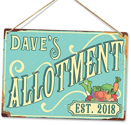 Personalised Name ALLOTMENT and EST Date -Vintage Workshop Printed Metal Wall Sign Plaque Garden Party (Twine and two holes)