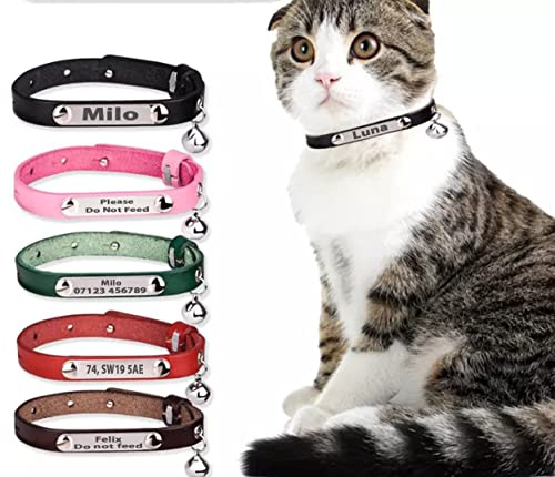 Katzenhalsband aus echtem Leder, mit graviertem Namensschild und Glöckchen, Dunkelbraun