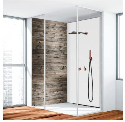 Duschrückwand, Badrückwand, Duschverkleidung, Wandverkleidung aus 3 mm Alu-Verbundplatte, 150x250cm, Holz Grau Glänzend - 3368