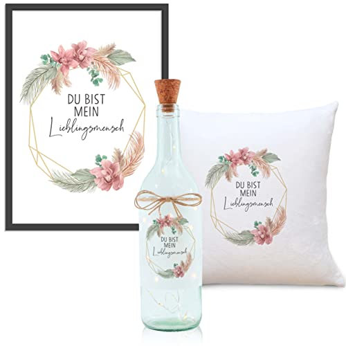 OWLBOOK Lieblingsmensch Boho Geschenkset Flaschenlicht, Kissen und Bild personalisiert Geschenke für Frauen Geschenkideen für beste Freundin Kollegin Mama Oma zum Geburtstag Ostern Weihnachten