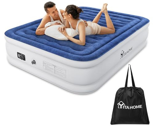 YITAHOME King Size Air Bed with Built-in Pump, Double Inflatable Air Mattress 3 Mins Quick Self-Inflation/Deflation, Portable Blow Up Bed Airbed for Guest Home Camping Travel Outdoor, Wave, White/Blue