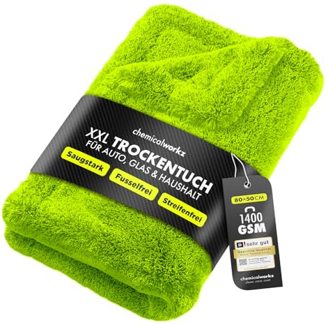 Chemicalworkz® Shark Towel Trockentuch 1400 GSM grün 80x50cm - saugstarkes Fast Dry Microfasertuch extra groß Autopflege | Fusselfrei, Streifen- & schlierenfreies Trocknen | Auto, Motorrad & Dusche