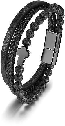 PiercingJak Kreuz Armband Herren Schwarz Lederarmband für Männer | geflochten Echtleder mit 6mm Lavasteine Mgnetverschluss, Diffusor Armreif Mode Charm Schmuck, Geschenk für Mann, 22cm lang