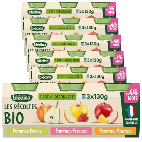 Bledina Les Récoltes Bio - 6 Pommes Poires + 6 Pommes Fraises + 6 Pommes Ananas, Pack de 18