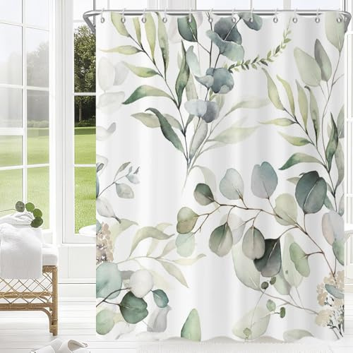 GCIREC Eukalyptus Blatt Duschvorhänge, Salbei grün Frühling botanische Aquarell Pflanzen Bad Vorhänge Badewanne Home Decor wasserdicht Stoff Maschine waschbar mit 12 PCS Haken,180x200cm