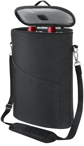 bruwaa 2 Bottle Wine Cooler Bag, Leakproof Insulated Padded Wine Gift Tote Carrier with Handle and Adjustable Shoulder Strap, for Travel, Wine Tasting, Party, Christmas Gift for Wine Lover - Black