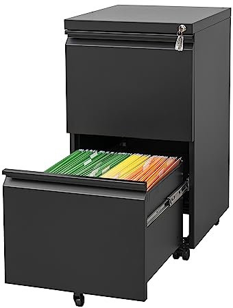 LVSTEEL Aktenschrank mit 2 Schubladen und Schloss，Mobiler Metallschrank für Home Office, für Rechts-/Rechtliches/Briefgröße, Komplett montiert, Schwarz