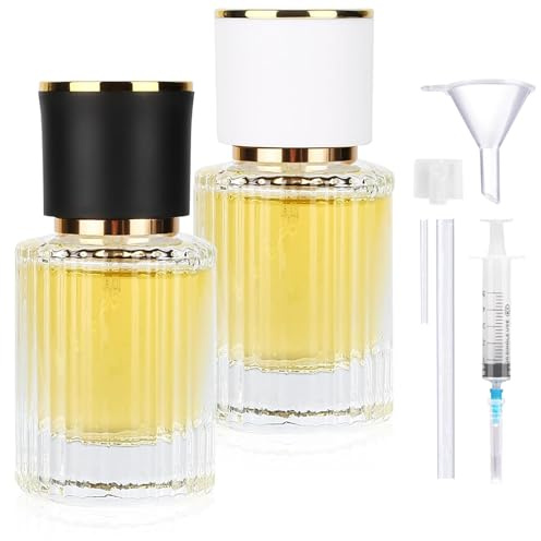 XUSSMM 2 Stücke Parfümzerstäuber Nachfüllbar, 50ml Runde Parfümflasche, Parfum Zerstäuber für Unterwegs, Portable Sprühflasche mit Praktischem Zubehör für Parfüm, Reisen, Kosmetik (50ml)