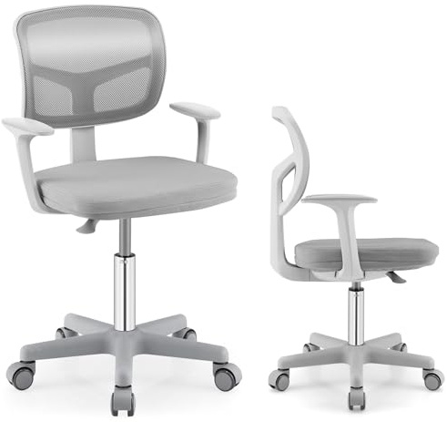 POWERSTONE Kids Desk Chair, Adjustable Mesh Kids Computer Chair with Armrest, Soft Cushion and Mid Back Swivel Office Chair for Children Teens Students (Grey)