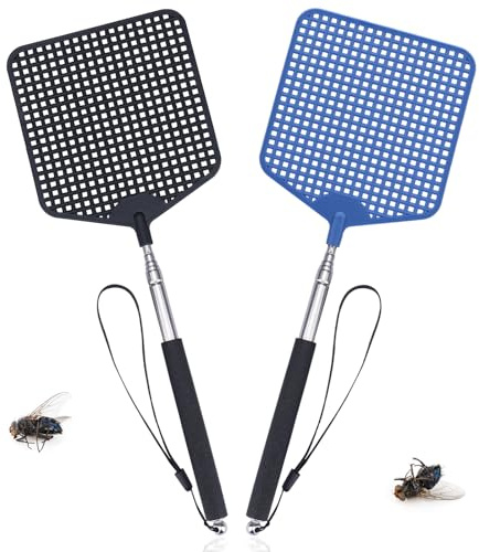 TAKUZA Fliegenklatsche Groß 2 Stück, Stabil und Ausziehbar, Schwarz/Blau | Mückenklatsche mit Teleskopstiel und integriertem Schaber für Fliegen, Mücken, Wespen und andere Insekten