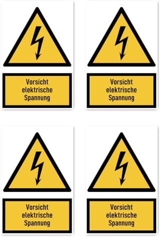Aufkleber: 150x100 mm, 4 Stück - Vorsicht elektrische Spannung - Warnzeichen mit Text (deutsch) (gelb/schwarz) - hochkant - W012 - DIN EN ISO 7010 / ASR A1.3