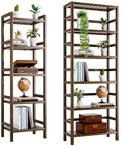 HITNET Bamboo Bookcase, Walnut Tall Bookshelf with Adjustable Shelf, Freestanding Storage Shelving Unit, Flower Plant Stand