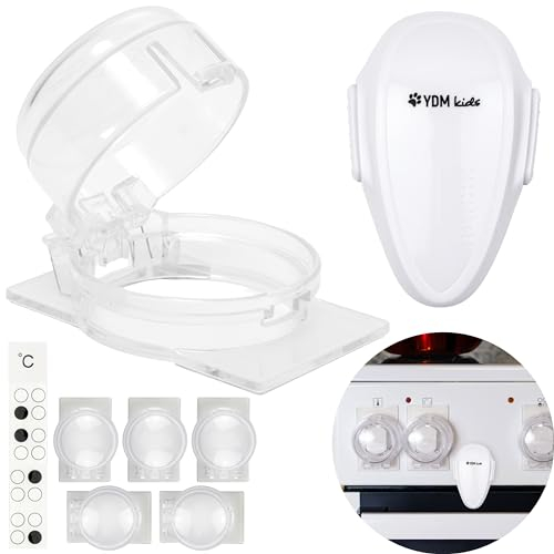 Herd Kindersicherung Set, 6 Pack Knopfabdeckung, 1 Pack Backofentür Kindersicherung in Weiss, für max. Ø 4,9 cm und 4 cm hohe Herdknöpfe mit min. 6,1 cm Abstand Mitte-Mitte, Herdschutz Tür Knopf
