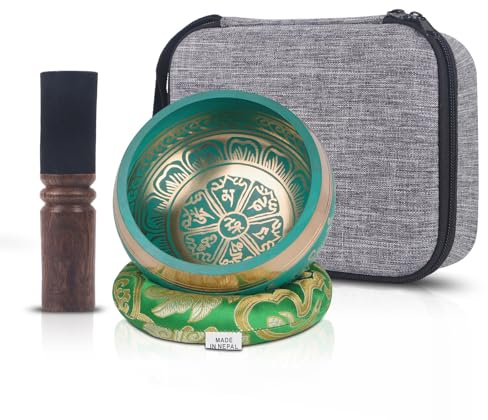 Kmise Tibetisches Klangschalen-Set, handgefertigt in Nepal, Meditation, Klangschalen für Yoga, Meditation, Achtsamkeit, Heilung und Chakra-Balancing, Stressabbau (1,5 m, Grün)
