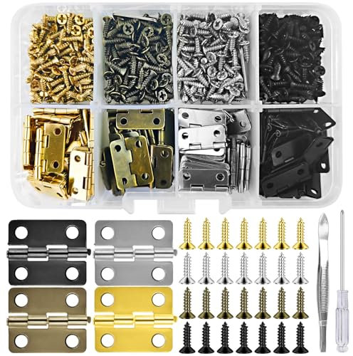 Bohoray 120 Pezzi Cerniere per Legno Angoli Arrotondati, 4 Colori Mini Cerniere per Modellismo con 480 Viti, 16 * 13 mm Cerniera a Libro con Cacciavite Per Scatole di Gioielli, Scatole di Vino