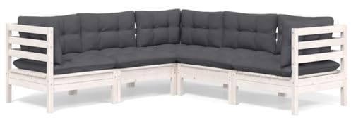 WEMYUFURN 5-TLG. Garten-Lounge-Set mit Kissen Weiß Kiefer Massivholz, Outdoor-Sitzgruppe, Terrassen-Lounge-Set, Garten-Couchgarnitur - Wetterbeständig, Komfortabel - für Terrasse, Garten und Balkon
