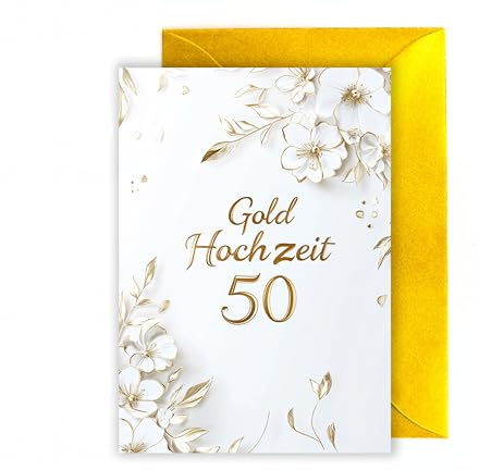 WBdesignz Goldene Hochzeit karte mit premium Gold Umschlag - Geschenkkarte zum Jahrestag weiße Blumen Kirschblüten Glückwunschkarte zum Hochzeitstag Liebe 50 Jahre Ehe Ehepaar Jubiläum (DIN A6)