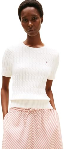 Tommy Hilfiger Jersey Mujer Cable Manga Corta, Blanco (Ivory Silk), XL