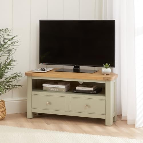 The Furniture Market Marbury Sage Green | Painted Corner TV Unit | Wooden TV Stand for TVs up to 46” | Storage Drawers & Media Shelf | Country Style | Fully Assembled | H 500 x W 1000 x D 450mm