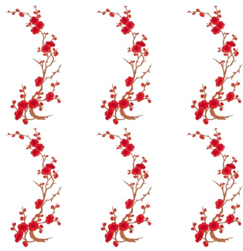 HOBBIESAY 6 Stück Rote Blumenflicken 39cm Lang Blumen Stickereiflicken Florale Applikationen Reparaturflicken Für Kleider Taschen Hüte DIY Basteldekoration