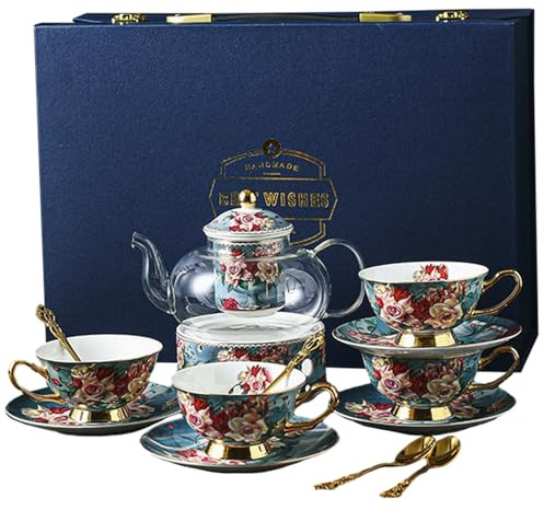 CAPIJIONG 220Ml/7.5oz bone china retro floral afternoon tea cup, ceramic home coffee cup saucer - 4 cups, 4 saucers, 4 spoons, 1 flower tea pot box
