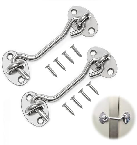 Pack of 2 Stainless Steel Cabin Hooks 4 Inch Silver, Heavy Duty Hook and Eye Latch with Screws for Doors, Gates, Sheds, Windows and Barns