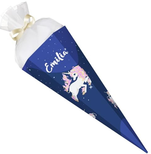 GRAVURZEILE - Bedruckte Schultüte - Einhorn - Personalisiert mit Namen - Geschenk zur Einschulung - Sechseckige Zuckertüte für Jungen & Mädchen - 61 cm mit Tüll-Verschluss - Farbe: Einhorn