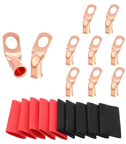 sourcing map 10pcs 4 Awg 45° Bent Copper Lugs Battery Cable Ends, 4 Gauge 3/8 Stud Battery Lugs Ring Terminal Connectors with 10pcs 3:1 Black & Red Heat Shrink Tubing