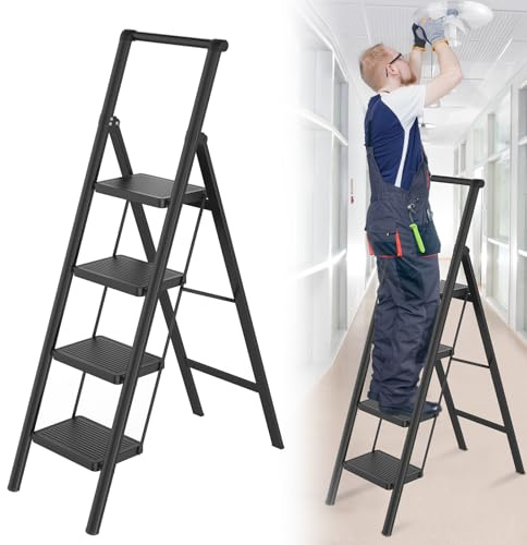 LILIIN Trittleiter Klappbar Leiter rutschfeste Stehleiter Eisen Klappleiter, Multifunktionale Leiter Tritthocker Haushaltsleiter für Haus Küche, Belastbar bis 250 kg, 4 Stufen, mit Handlauf